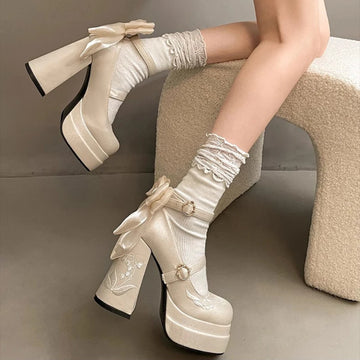 KYLETHOMASW  -  Pink Lolita High Heels Women's Pumps 2025 Cute Bow Round Ankle Straps Chunky Platform Mary Jane Shoes Embroidered Heels Women